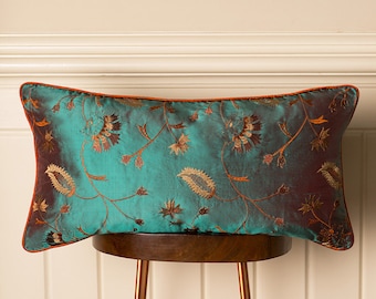 Rectangular Bolster Embroidered Silk Cushion in Aqua Teal Green, Bedroom Decor, Sofa Cushions, Wedding Gift, Handmade in UK, Interior Design