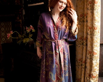 Women's Purple Blue Cashmere Silk Dressing Gown, Bath Robe, House Coat, Floor Length, Plus Size, Petite, Luxury, Nightwear, Reversible