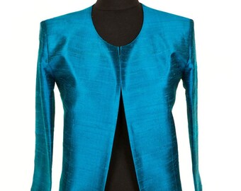 Bright Teal Kingfisher Blue Raw Silk Cropped Jacket, Three Quarter Length Sleeves, Special Occasion, Party, Wedding, Races