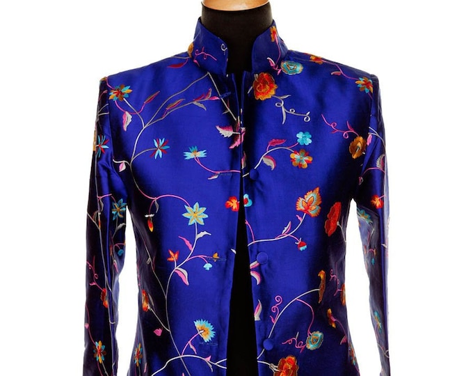 Ladies Short Nehru Collar Jacket Blue Cobalt Floral Etsy UK