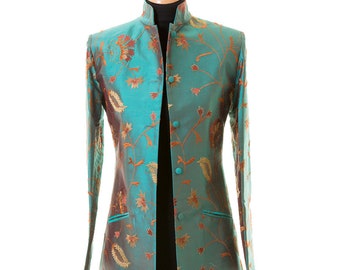 Women's Dark Teal Embroidered Silk Nehru Collar Coat, Mother of the Bride Outfit, Wedding Guest, Opera, Races, Ascot, Made to Measure