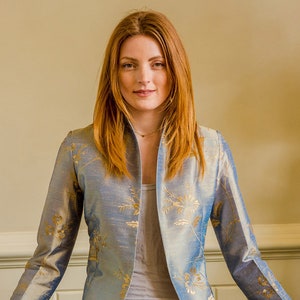 Women's Silk Embroidered, Blue and Gold, Special Occasion Jacket, Narnia, Raw Silk, Handmade, Bespoke