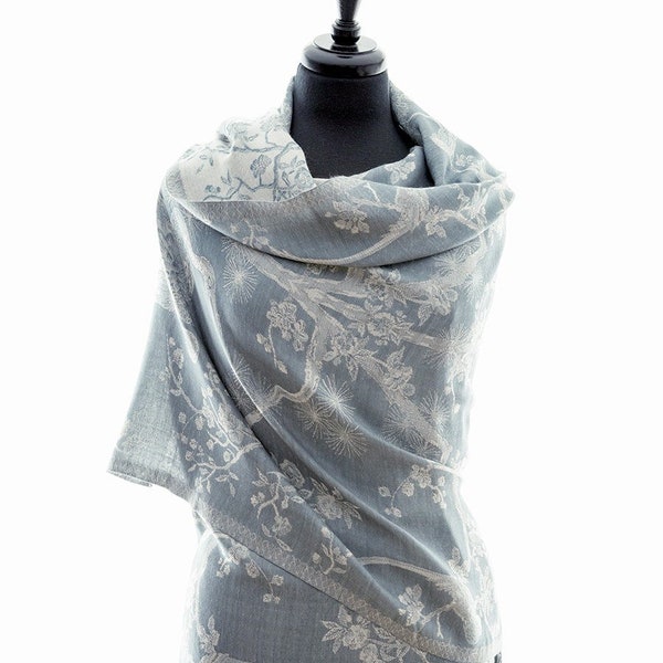 Grey Cashmere Floral Shawl, Mother of the Bride, Wedding Accessories, Bridesmaid, Wedding Guest Outfit, Christmas Gift, Birthday, Scarf
