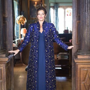 Women's Maxi Coat, High Collar, Royal Blue and Gold Embroidered Silk Full Length Coat, Opera Coat