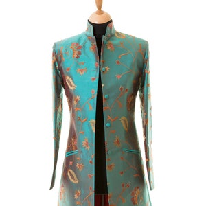 Ladies Beautiful Teal Embroidered Raw Silk Longline Jacket Nehru