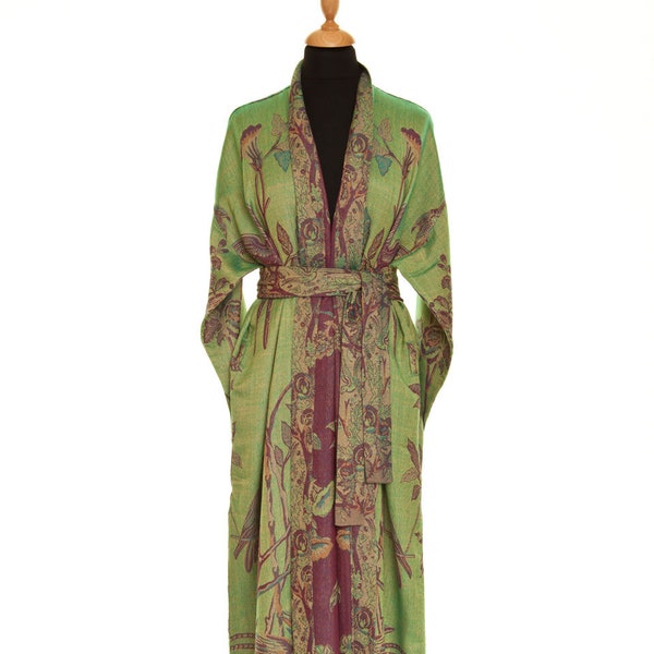 Ladies Floor Length Green Cashmere Silk Bath Robe, Dressing Gown, Reversible, Plus Size, Petite, Holiday, Cruise, Gift Ideas, Tree of Life