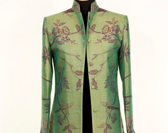 Women's Dragonfly Green and Purple Cashmere Nehru Collar Coat, Summer Wedding, Garden Party, Elegant Cashmere Coat