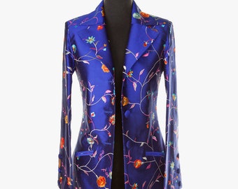 Women's Silk Coat, Bright Blue, Embroidered Silk, Floral, Patterned, Occasion, Event, Mother of the Bride, Plus Size, Petite, Formal, Guest
