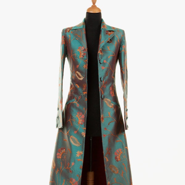 Women's Long Silk Coat, Turquoise, Embroidered Silk, Floral, Floor Length Coat, Plus Size Coat, Petite, Wedding Guest Coat, Formalwear