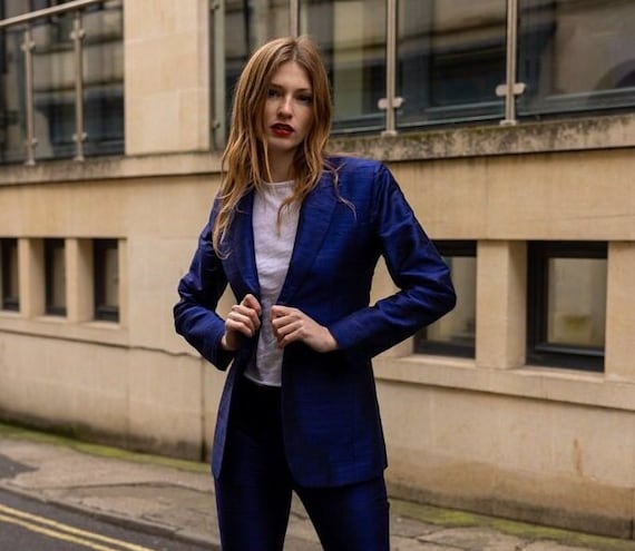 navy blue cigarette trousers Bright Navy Blue Raw Silk Cigarette Trousers, Made to Measure
