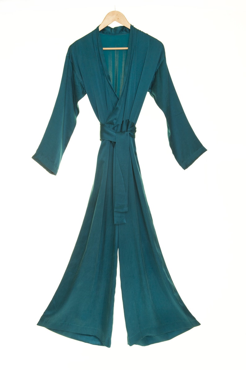 Womens Teal Silk Jumpsuit, Peacock Blue Silk Casual Wear, Night Out, Dinner Party, Wedding Guest Outfit, Holiday Wear image 2