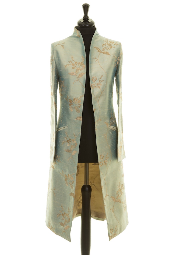 Women's Pale Blue and Gold Embroidered Silk A Line Coat - Etsy UK