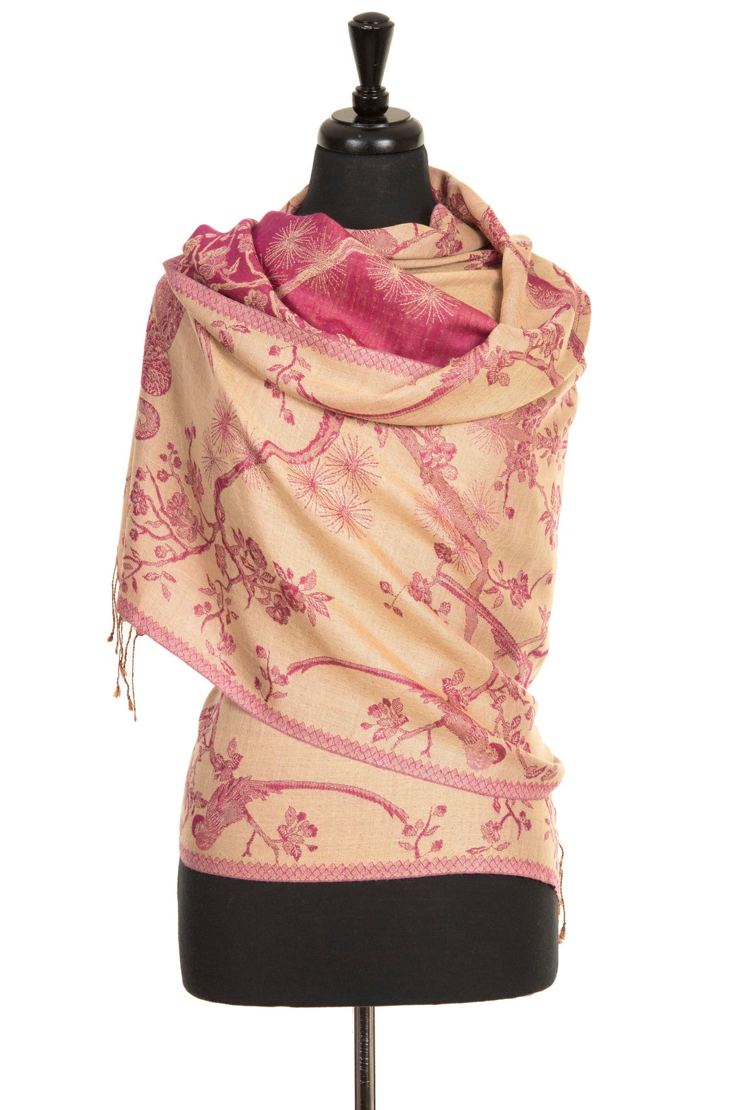Reversible Cashmere Blend Shawl: Butterscotch & Raspberry Floral - Etsy