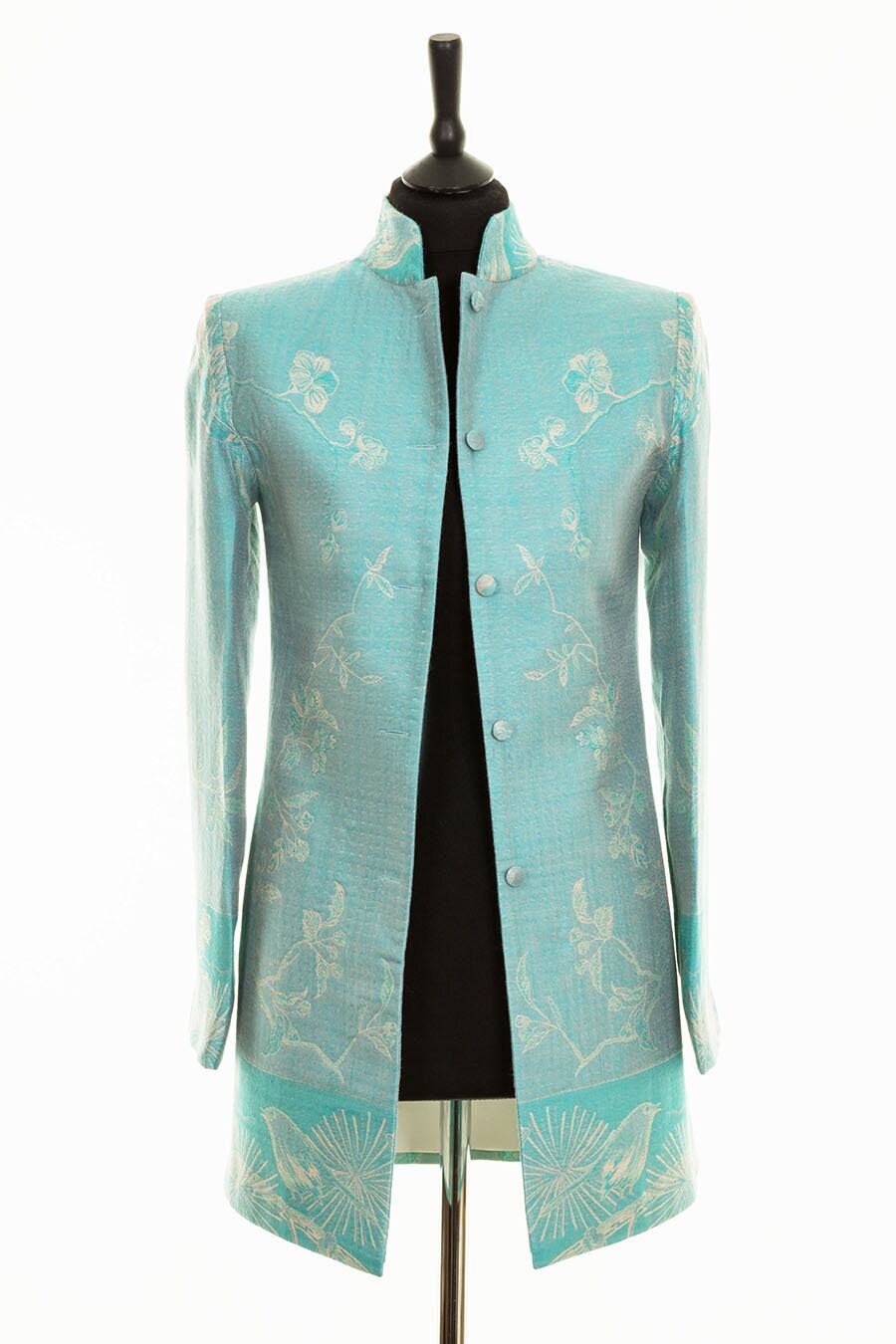Ladies Pale Cyan Floral Cashmere Nehru Collar Long Jacket - Etsy UK