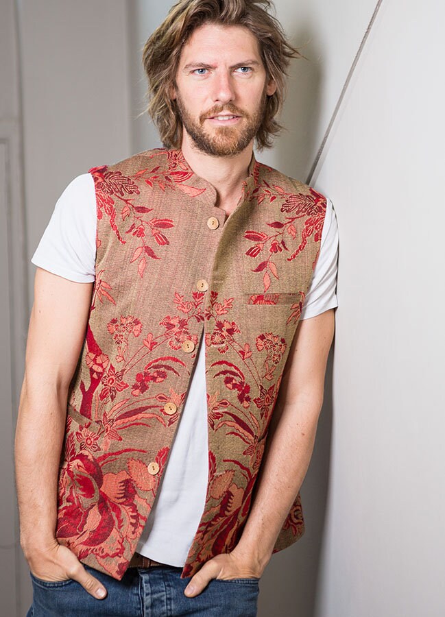 Image of Men's Red Brown Cashmere Nehru Collar Waistcoat, Wedding Outfit For Men, Smart Vest, Tailoring, Bespoke, Handmade, Guest