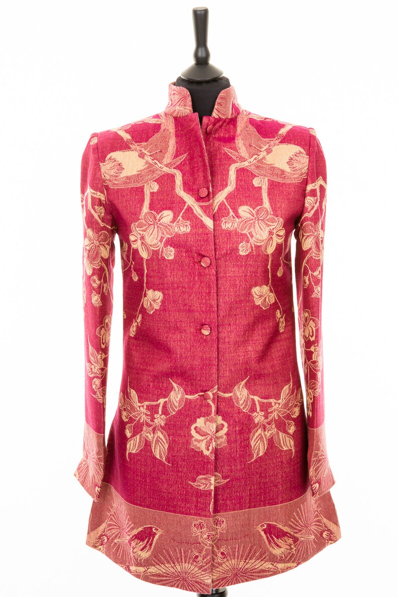 Ladies Deep Raspberry Floral Cashmere Longline Nehru Collar Jacket