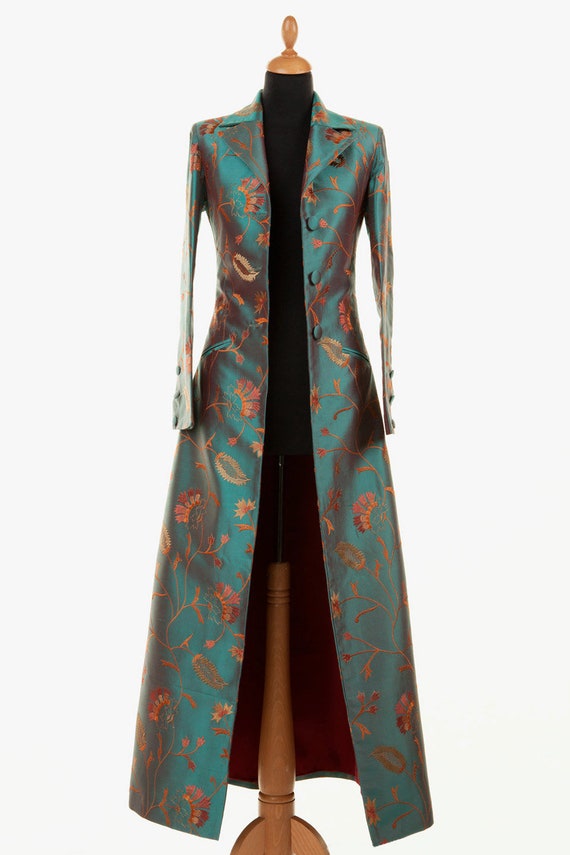 Women's Long Silk Coat, Turquoise, Embroidered Silk, Floral, Floor