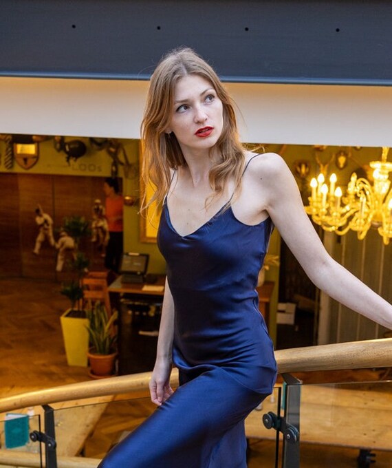 Navy satin cocktail dress hot sale