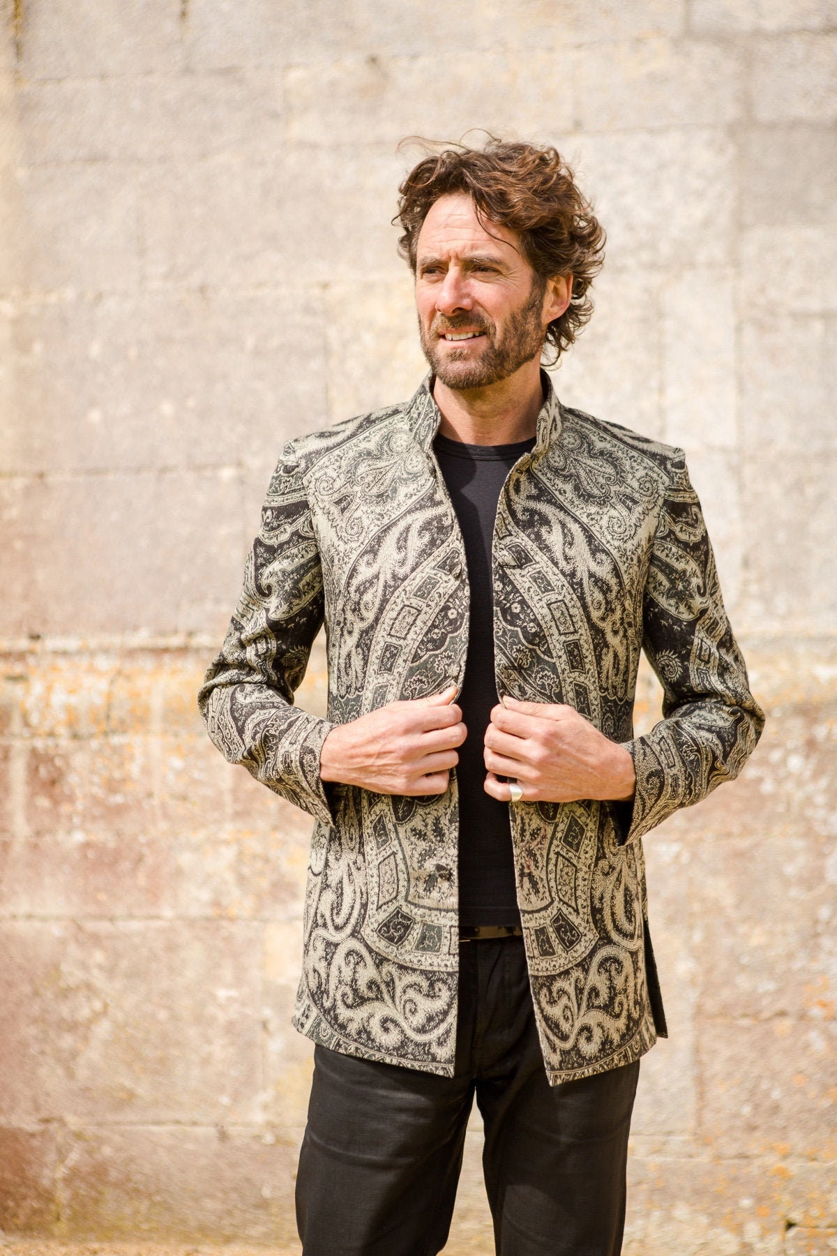 Image of Men's Nehru Collar Cashmere Jacket, Black Pattern, Smart Wedding Outfit For Men, Groom, Groomsmen, Father Of The Bride, Workwear, Bespoke