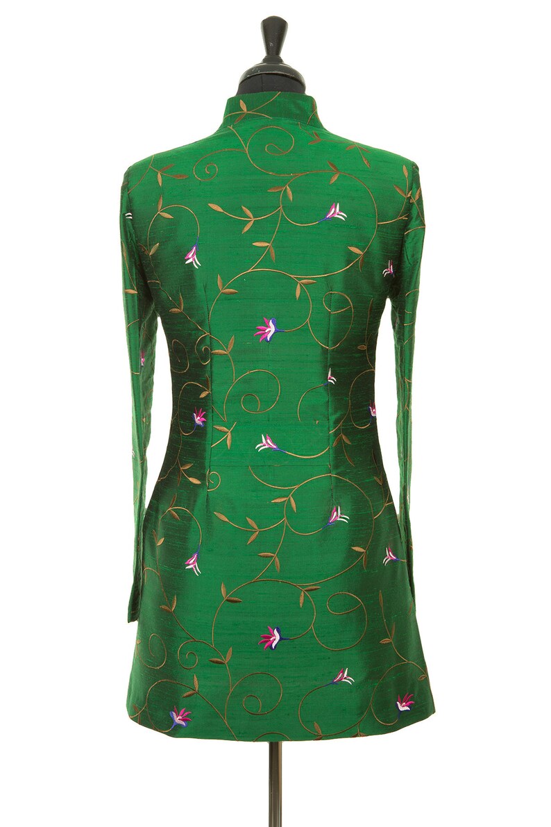 Women's Longline Jacket High Collar Emerald Green Embroidered Silk