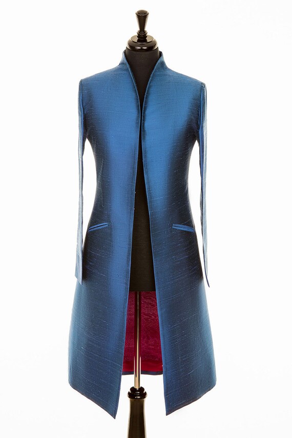 French Blue Raw Silk A Line Frock Coat 