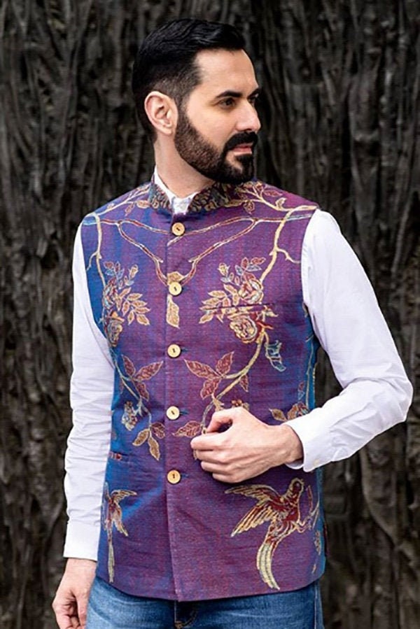 Image of Men's Nehru Collar Purple Cashmere Waistcoat, Smart Mandarin Vest, Formal, Tailoring, Wedding Outfit For Men, Bespoke, Handmade