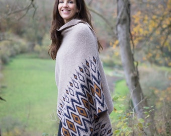 Chal de alpaca británico hecho a mano: poncho geométrico, abrigo cálido para el invierno