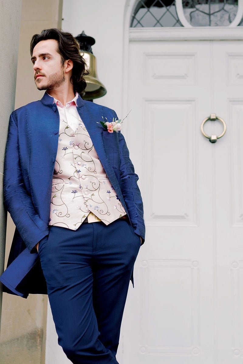 Image of Men's French Blue Raw Silk Nehru Collar Jacket, Smart Wedding Outfit, Groom, Father Of The Bride Races, Special Occasion