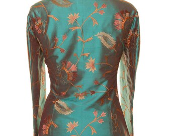 Women's Silk Embroidered Coat Blue Orange Teal Raw 