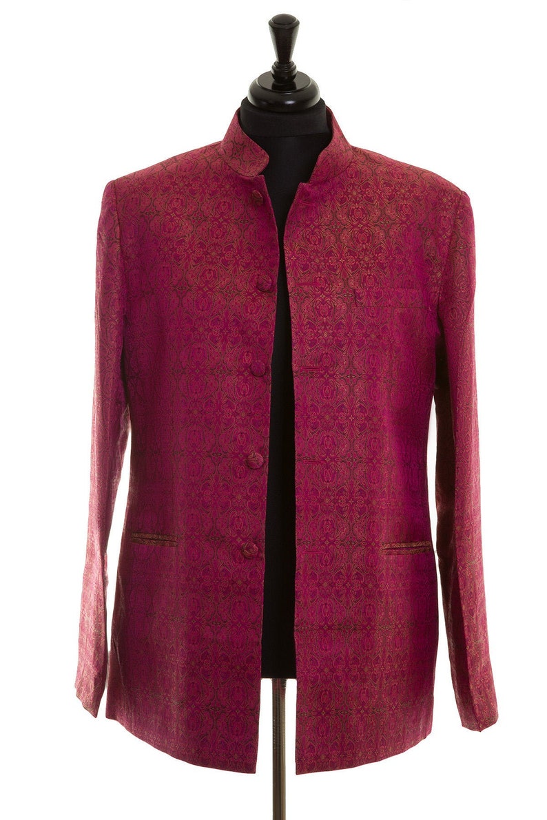 Men's Deep Pink Jacquard Silk Nehru Collar Jacket Smart Etsy UK
