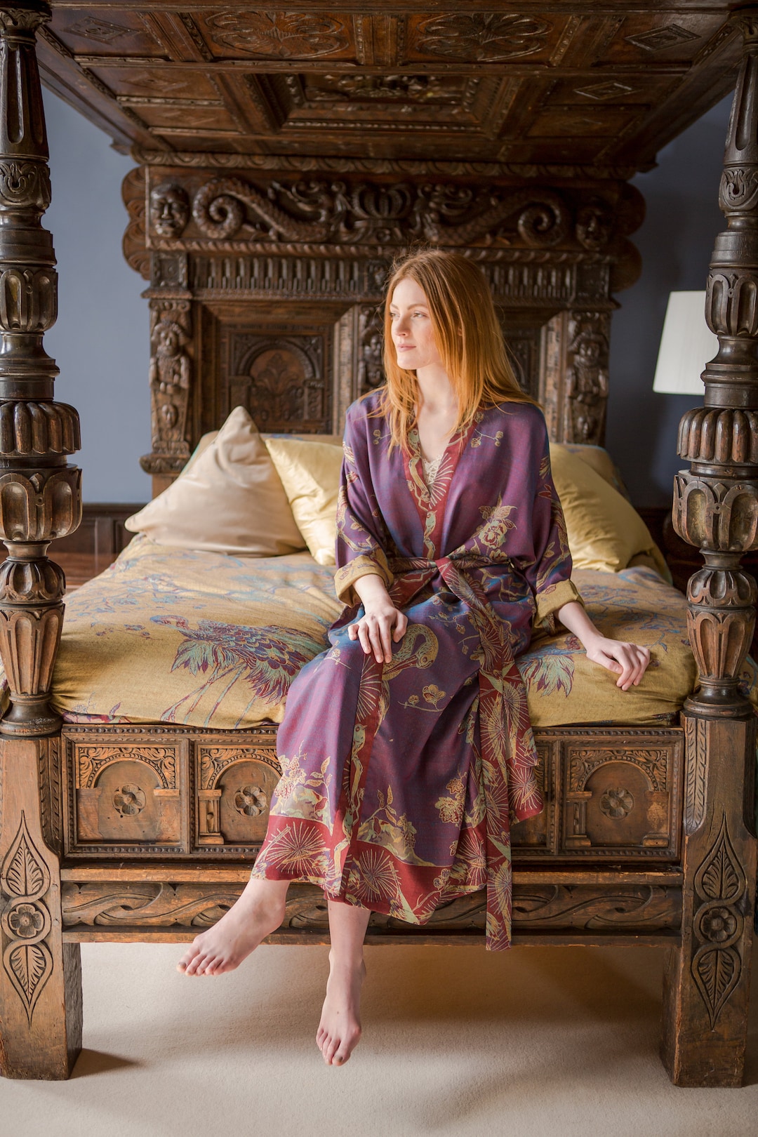 Reversible Cashmere Silk Robe: Purple Blue Floral Dressing Gown - Etsy Canada
