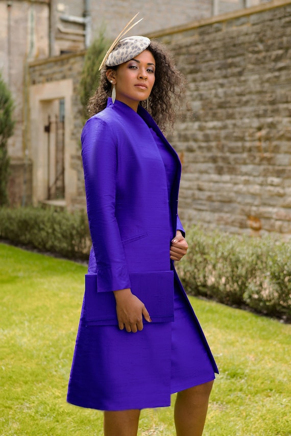 Womens Bright Purple Violet Raw Silk Wedding Coat Races 
