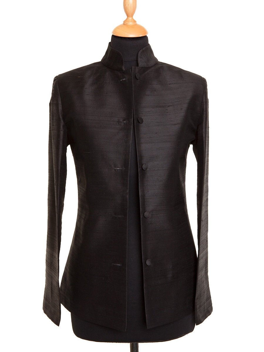 Ladies Plain Black Raw Silk Nehru 