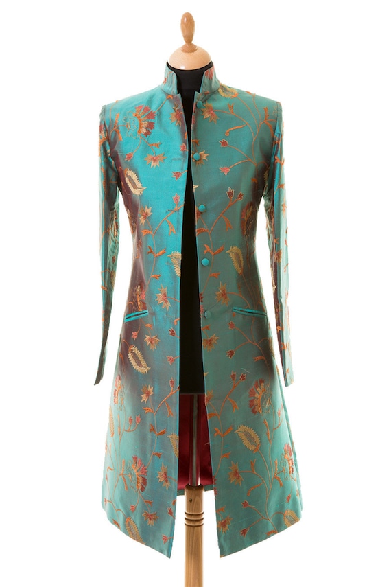 Women's Dark Teal Embroidered Silk Nehru Collar Coat | Etsy