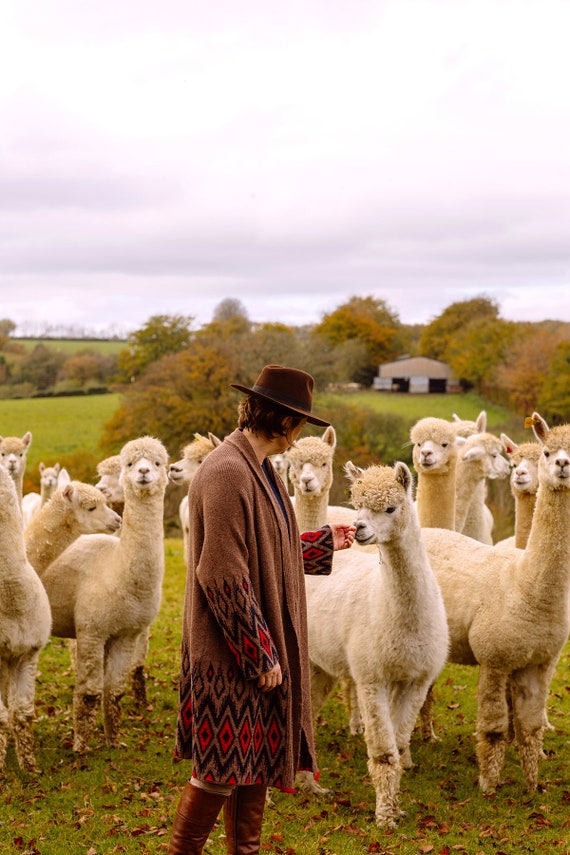 Chaqueta de lana de alpaca marrón rojo para mujer, cárdigan