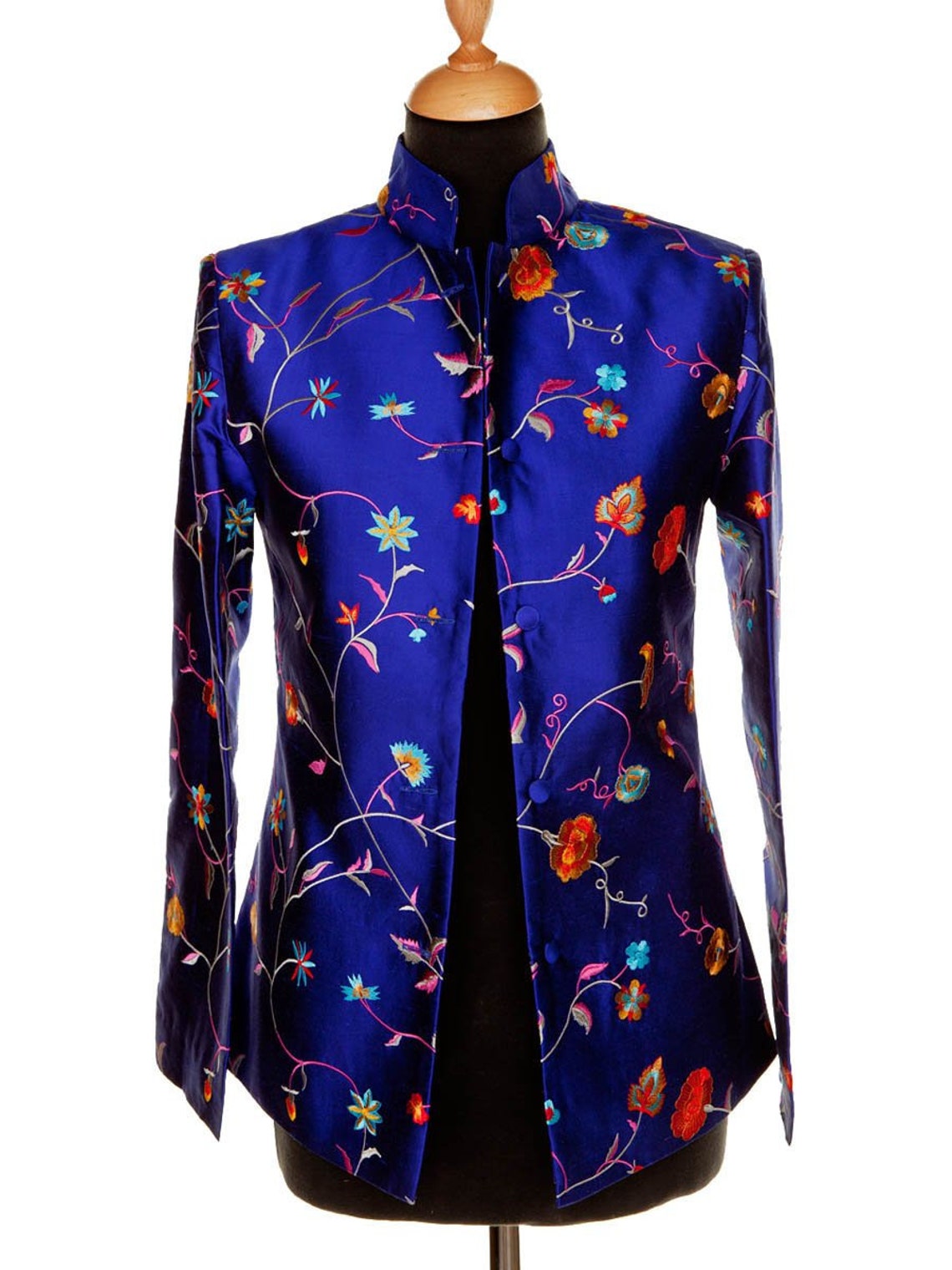 Ladies Short Nehru Collar Jacket Blue Cobalt Floral Etsy UK