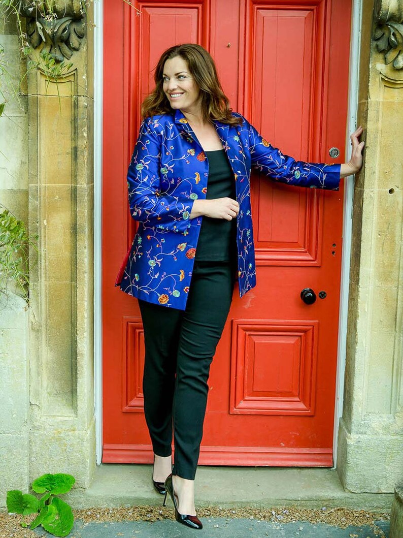 Ladies Cobalt Blue Embroidered Silk Longline Jacket Womens Etsy