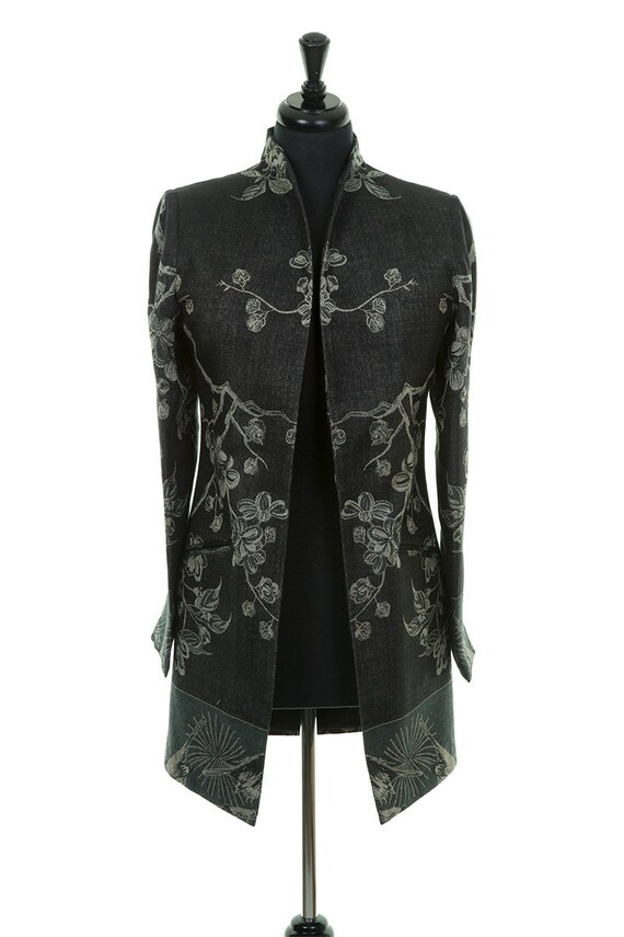 Women s Black and Silver Cashmere Longline Jacket High Collar