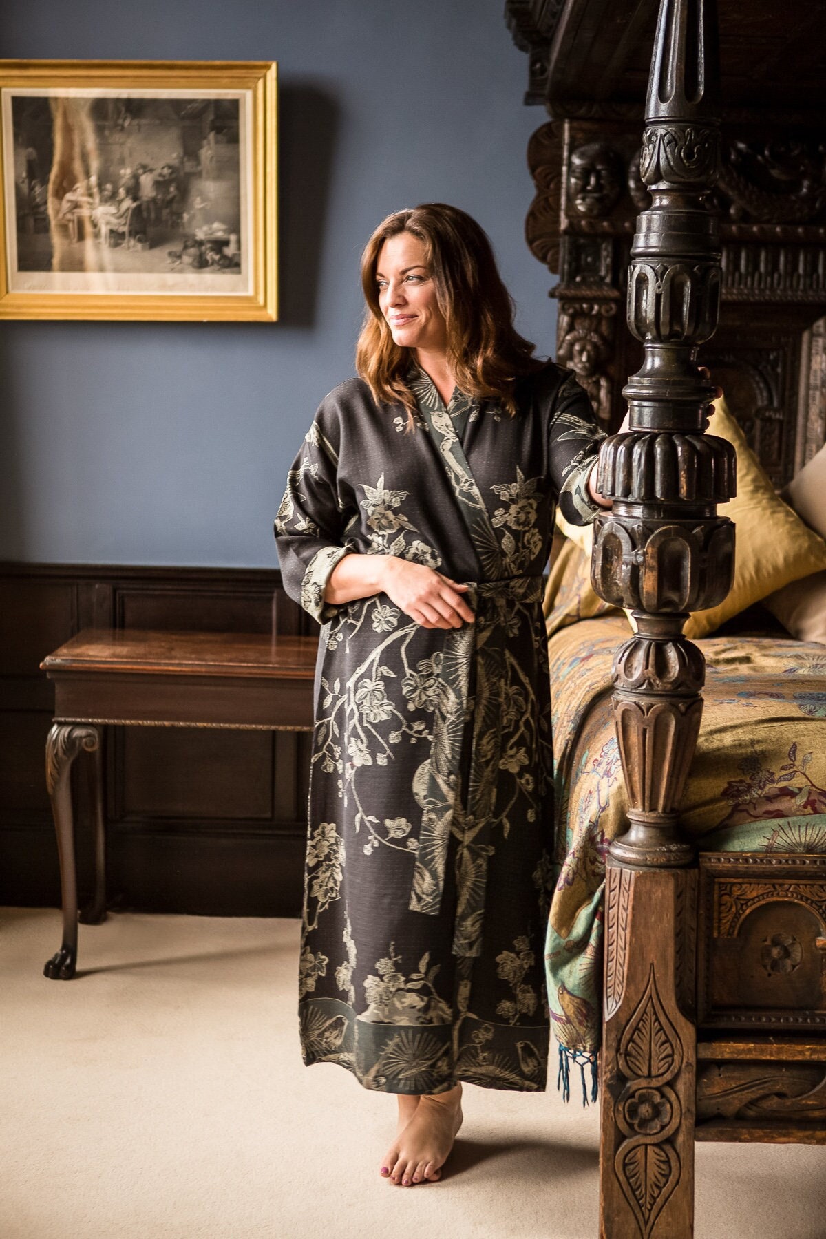 Dressing Gown for Women in Black Cashmere Silk, Bath Robe, House Coat