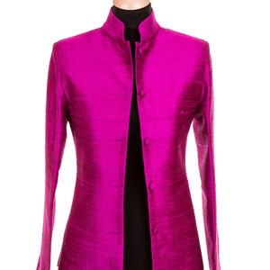 Ladies Bright Magenta Pink Raw Silk Short Jacket with Nehru Collar, Wedding Guest Outfit, Mother of the Bride, Opera, To Wear with Trousers image 2