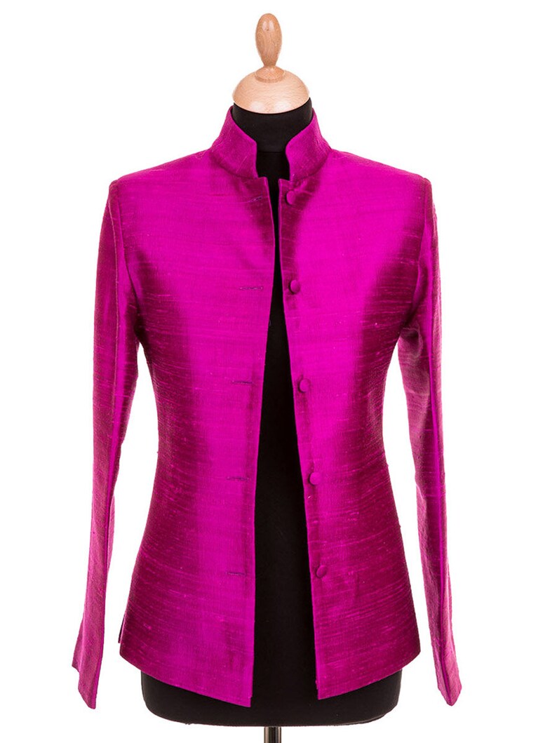 Ladies Bright Magenta Pink Raw Silk Short Jacket with Nehru Collar, Wedding Guest Outfit, Mother of the Bride, Opera, To Wear with Trousers image 2