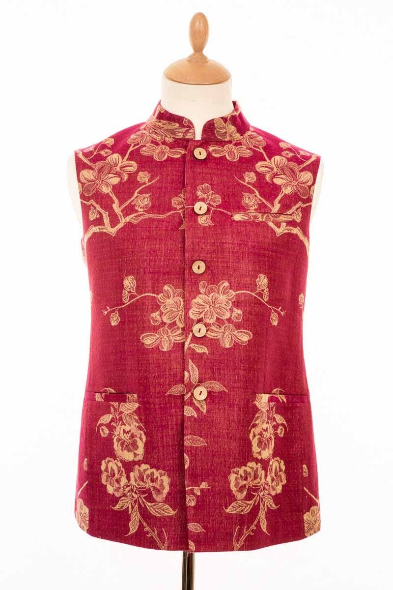 Image of Men's Raspberry Cashmere Waistcoat, Tree Of Life Pattern, Smart Vest For Men, Wedding Outfit, Opera, Special Occasion, Bespoke, Tailoring
