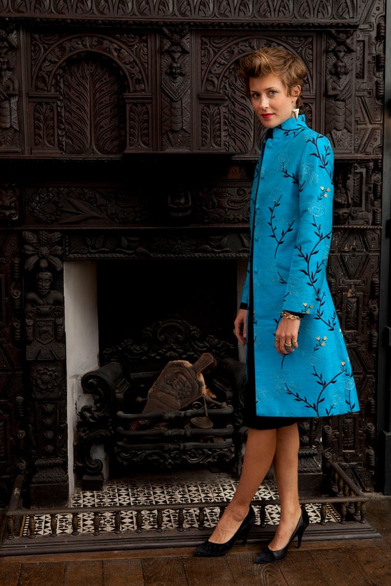 Coat, Embroidered the Bride Blue Silk Mandarin Collar, Silk Mother Ladies Bespoke Coat, of Etsy Turquoise Opera Petite, Bright - Plus Size, Outfit,