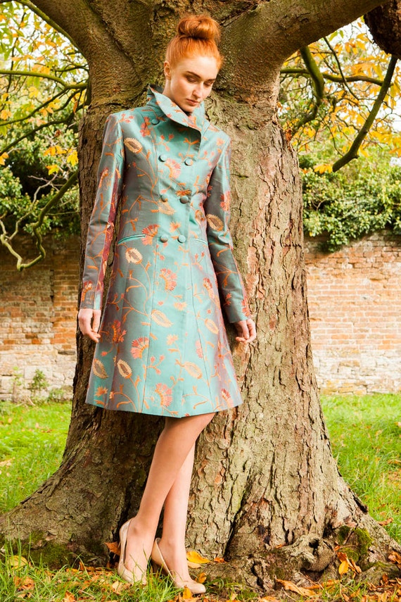 Women's Silk Embroidered Coat Blue Orange Teal Raw 