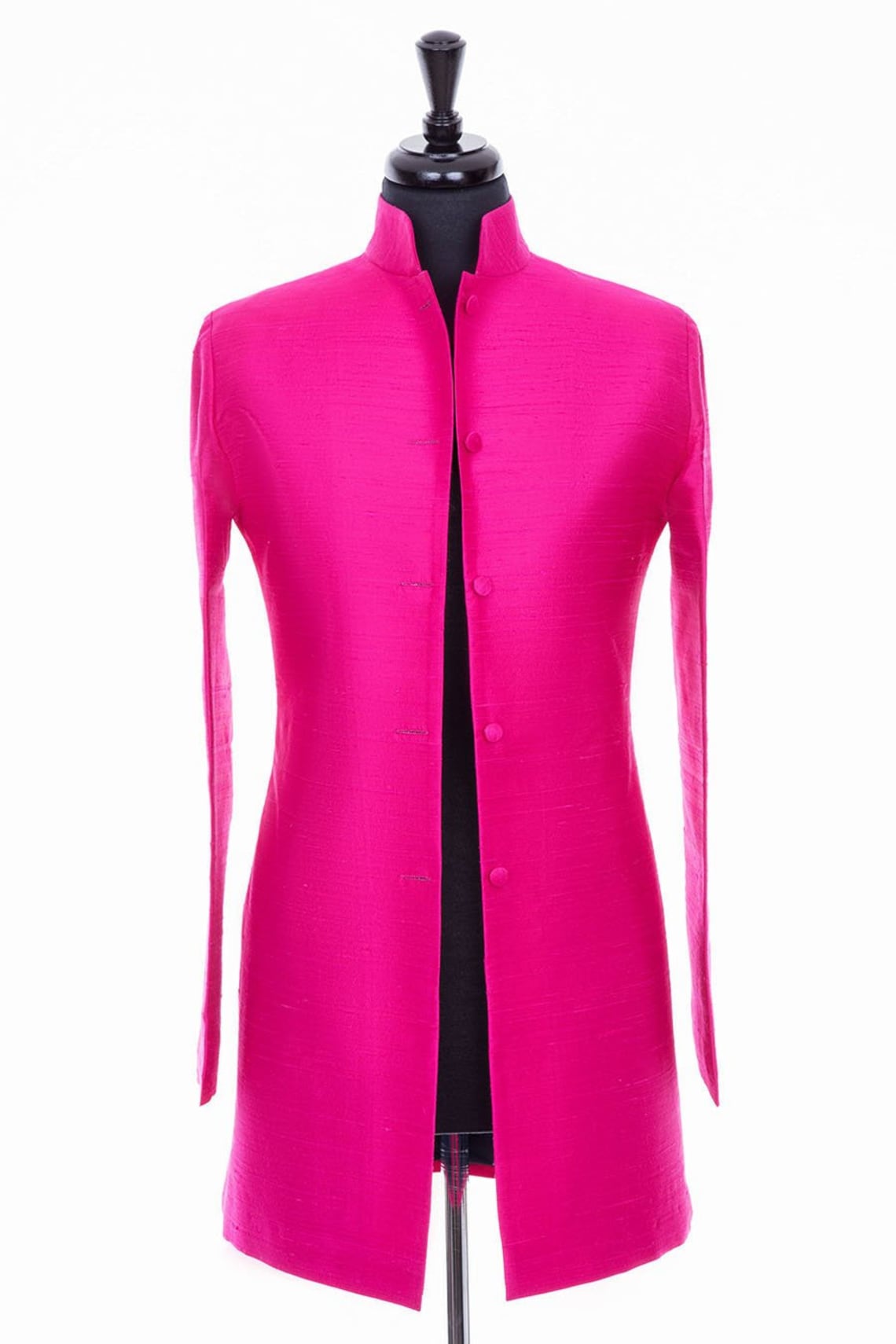 Ladies Hot Pink Raw Silk Nehru Collar Longline Jacket, Mother of the Bride, Ascot, Races, Dinner