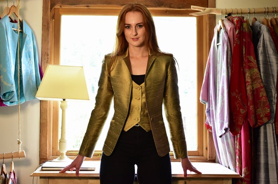 Womens Gold Silk Smart Waistcoat Vest Office Wear Special Etsy