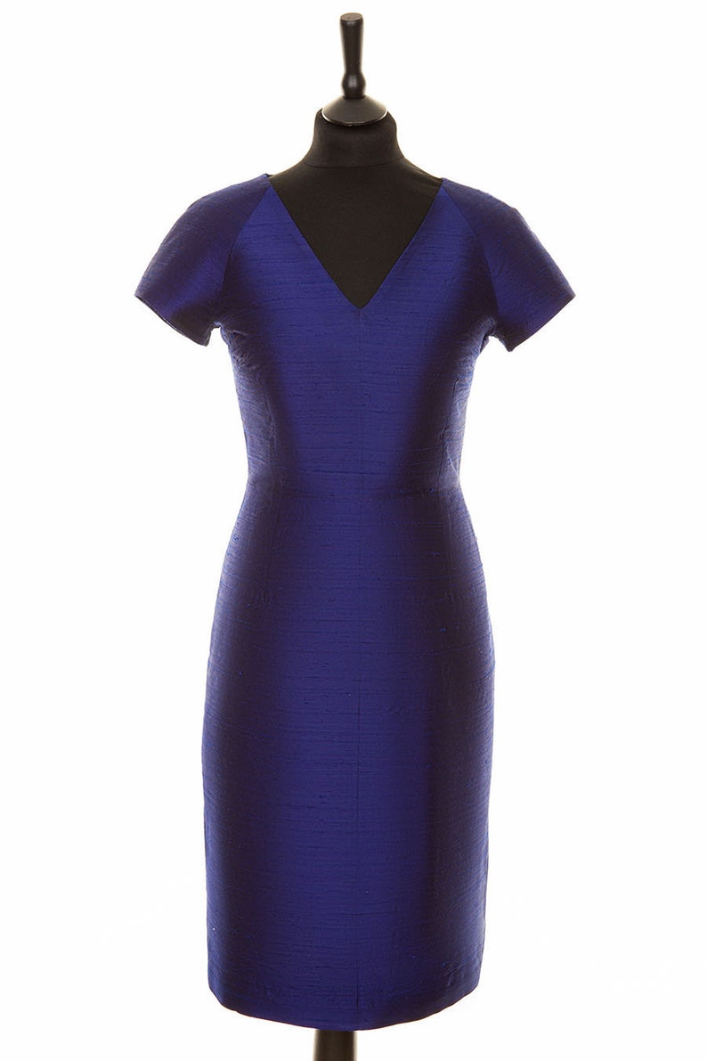 Womens V Neck Midnight Navy Blue Fitted Shift Dress Raw Silk Etsy