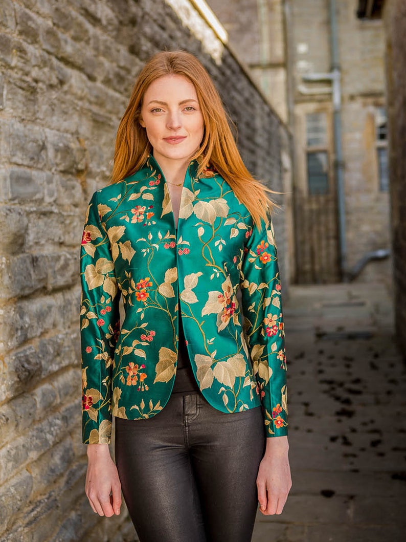Ladies Teal Embroidered Silk Jacket Women's Fitted Etsy UK