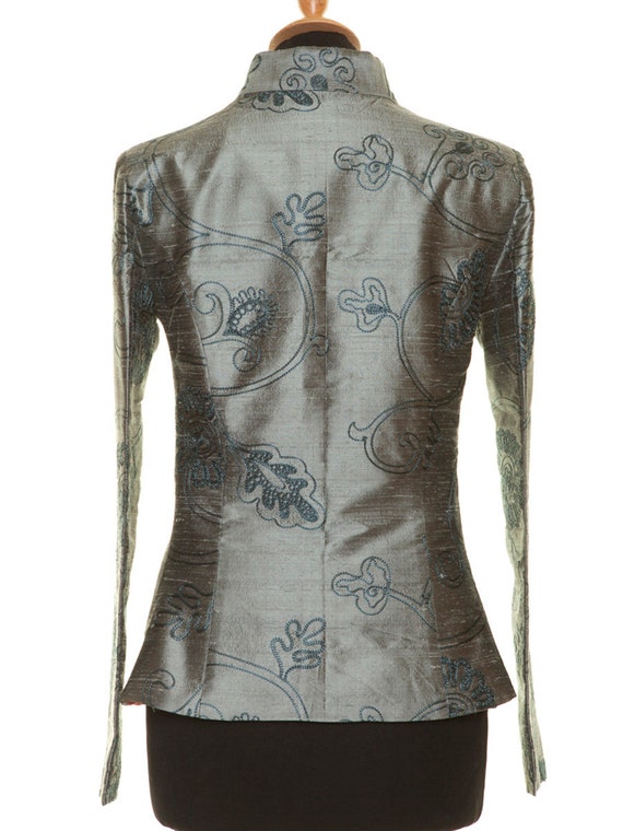 Ladies Mercury Grey Silver Embroidered Silk Jacket Smart Office