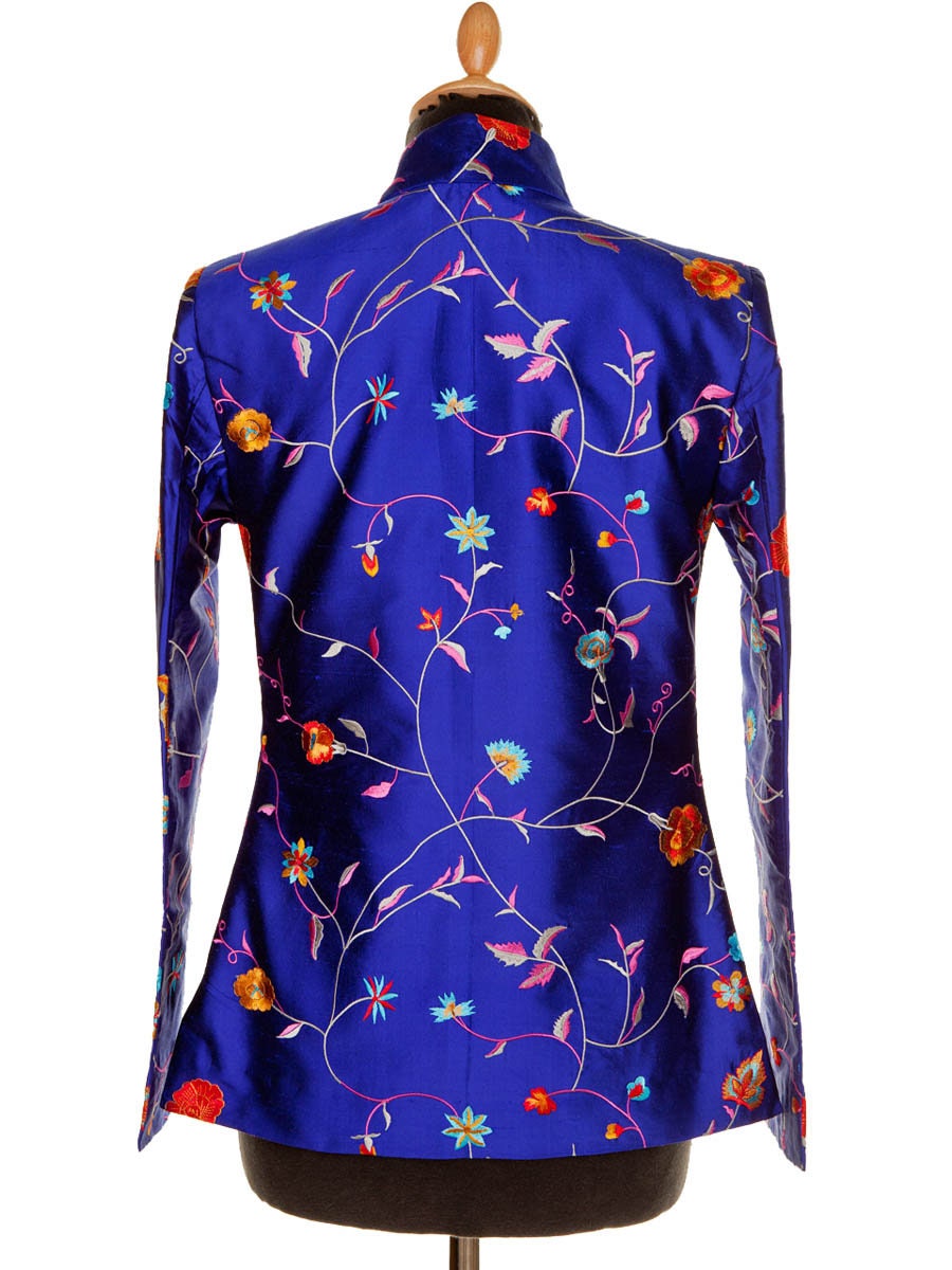 Ladies Short Nehru Collar Jacket Blue Cobalt Floral Etsy UK